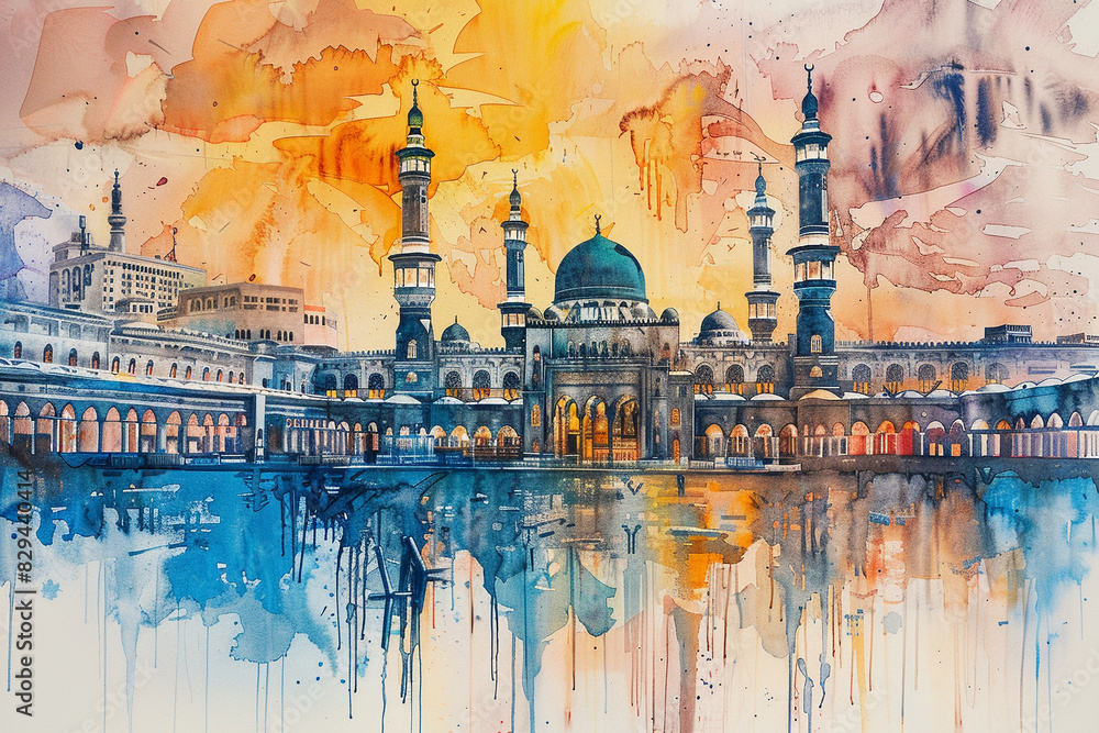 Watercolor hand draw The Masjid alHaram in Mecca Saudi Arabia Stock