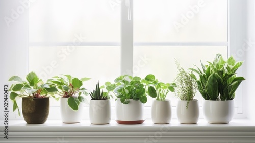 Decorative plants in pots stand on the windowsill near the horse close-up © dwoow