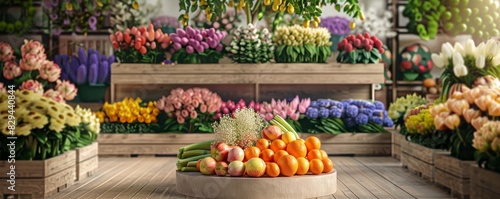 Colorful display of fruits and flowers in a vibrant farmer's market setting