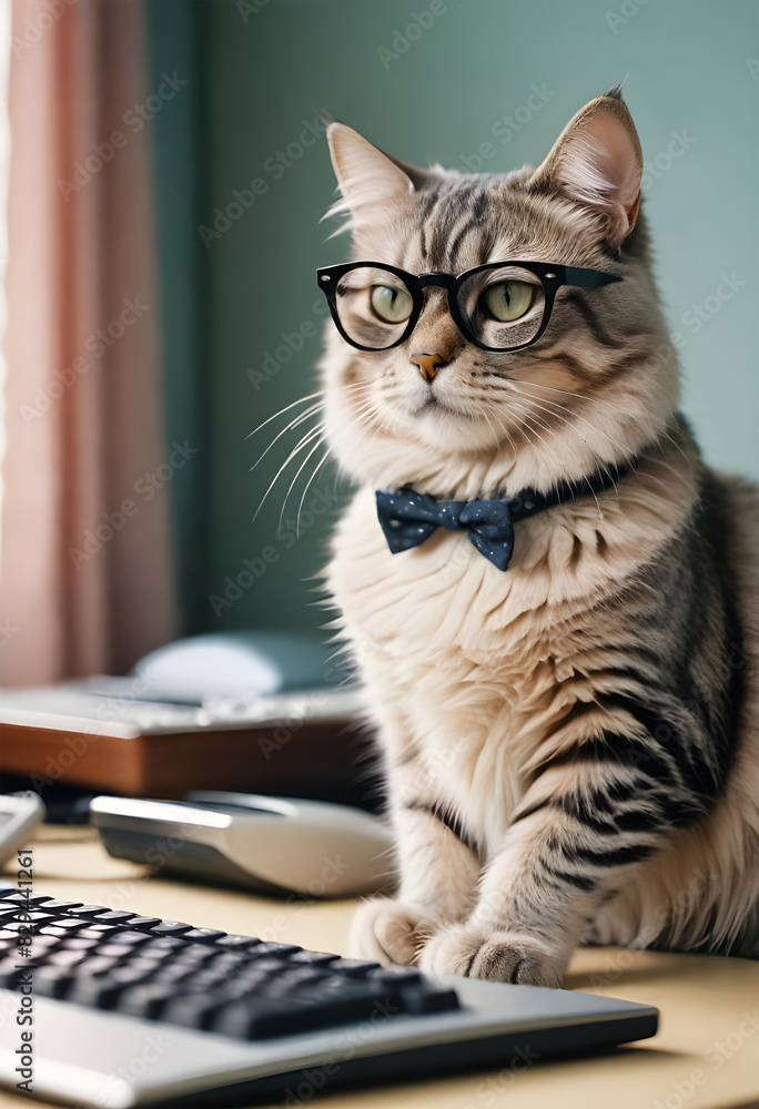 a cat wearing glasses sits on a desk next to a computer. a cat wearing glasses sits on a desk next to a computer.