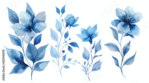 Watercolor leaves and blue flowers clip art isolated