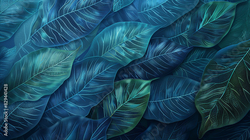 A blue and green abstract background with small dots forming a leaf pattern.