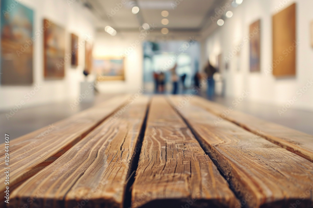 A wooden bench in the foreground with a blurred background of an art gallery. The background includes various paintings and sculptures on display and visitors viewing the artwork. A wooden bench in the foreground with a blurred background of an art gallery. The background includes various paintings and sculptures on display and visitors viewing the artwork.