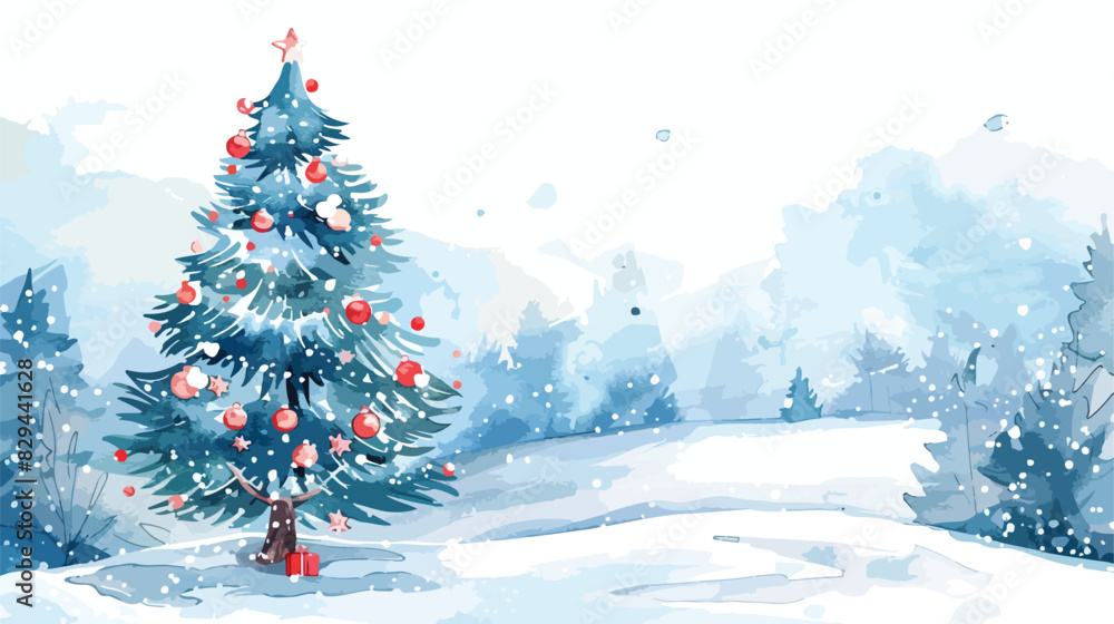 Watercolor New Year card with tree spruce illustration