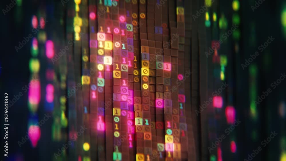 Stream of binary code. Storage and transfer of digital data concept. 3D render seamless loop animation Stream of binary code. Storage and transfer of digital data concept. 3D render seamless loop animation