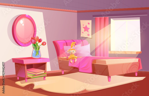 Pink girl bedroom interior vector cartoon. Girly house with bed and modern furniture design. Mirror and poster on wall, book pile and flower vase decoration in cute hotel apartment or teen room photo