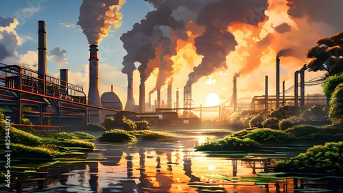 illustration of an industrial landscape scene in a minimalistic hyper realistic style photo