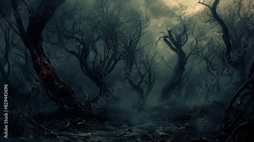 An infernal landscape featuring demonic creatures photo