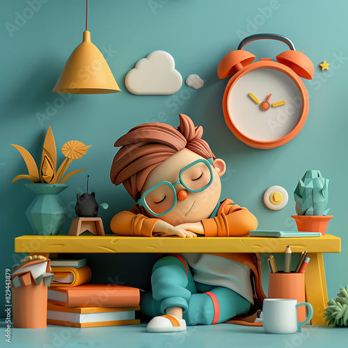 3d render, paper craft cute colors+playful 3d stule+ A nerd student boy lying on the desk feeling boring photo