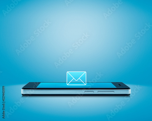 email icon on modern smart mobile phone screen over light blue background, Technology communication online concept