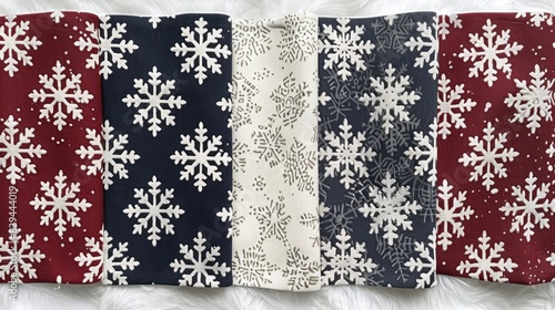  Four red, white, and blue snowflakes align on a white, fur-lined surface Each rests atop a single white snowflake photo