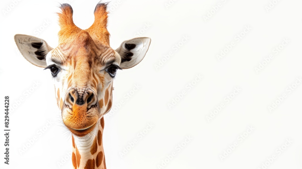 Fototapeta premium A tight shot of a giraffe's head against a pure white backdrop, both foreground and background