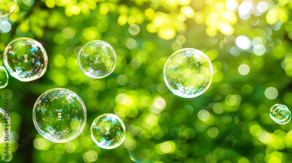 Soap bubbles drift in front of a blurred backdrop of green leaves In the foreground, bubbles float against a bright blue sky Soap bubbles drift in front of a blurred backdrop of green leaves In the foreground, bubbles float against a bright blue sky