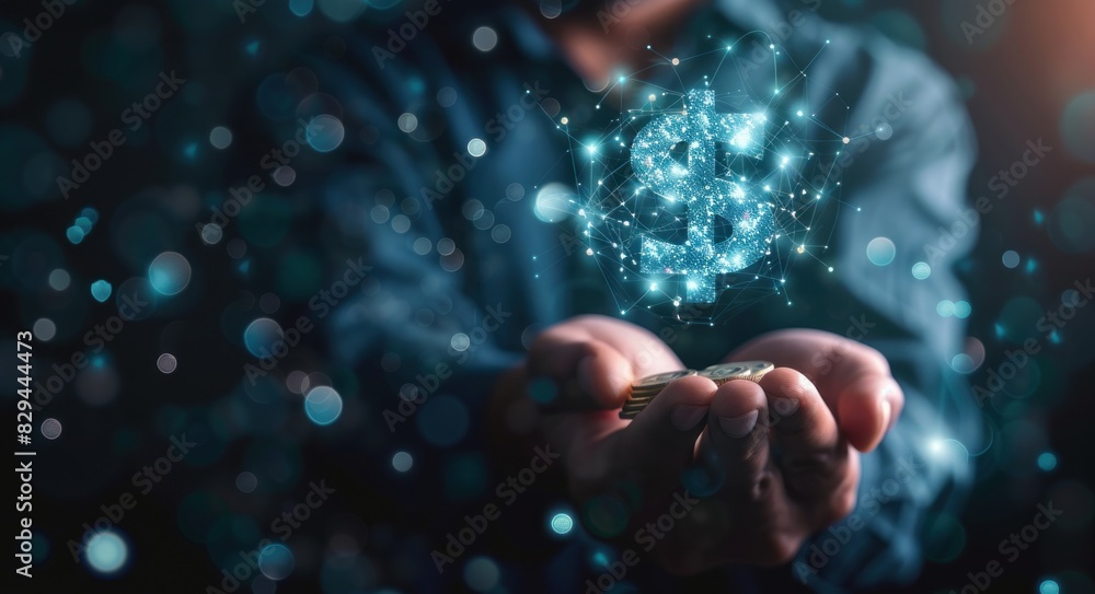 Holographic representation of dollar sign and coins. Business finance visualization Holographic representation of dollar sign and coins. Business finance visualization