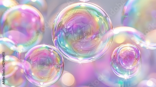  A collection of soap bubbles hovering above a blue and purple backdrop White dots reside at the centers of the bubble group and individually within the bubbles photo