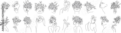 Female Face with Flowers Line Drawing Set. Minimal Linear Illustration of Women Faces with Flowers. Set of Line Drawing Abstract Woman Head for Trendy Minimal or Boho Design. Vector Illustration
