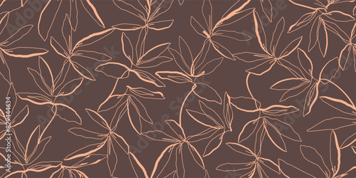 Abstract Line Art Leaves Vector Seamless Pattern. Wallpaper of Line Drawing Leaves. Seamless Botanical Texture for Prints Design, Wall Paintings and Wallpapers. Leaf Background