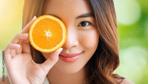 Portrait of beautiful Asian woman with orange vitamin C Glowing skin Bright dark spots.Beauty concept
