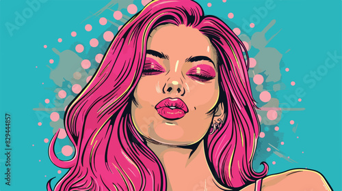 Winking woman with pink hair. Comic woman. Wow face f