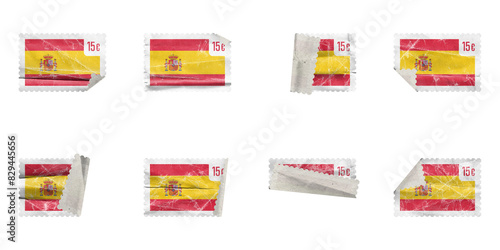 Set of Vintage Post stamp folded spain flag with old paper texture