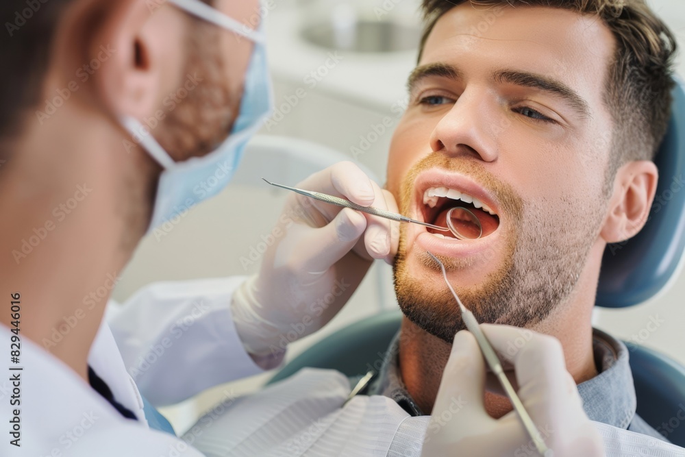 Young Man Receiving Dental Checkup from Male Dentist in Clinic Young Man Receiving Dental Checkup from Male Dentist in Clinic