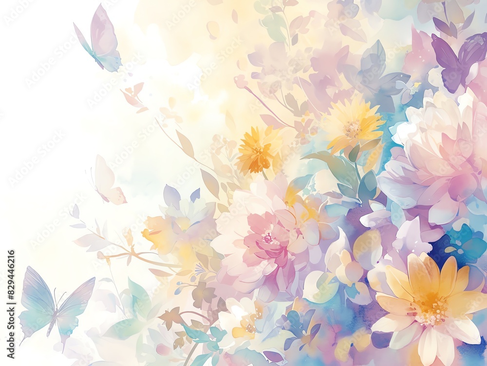 Obraz premium A beautiful watercolor painting of a variety of flowers and butterflies