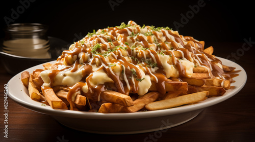 Canadian poutine food dish with Frenchfries,coriender and sauces photo