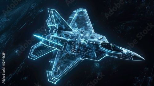 An illustration of fighter jet in blue print wireframe , A fighter jet is depicted in the center of an air battle map with data and holographic images against a dark blue background