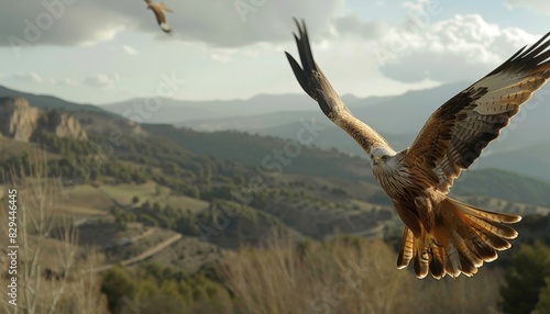 Majestic Eagle Gliding Over Scenic Mountain Landscape in Golden Hour Light