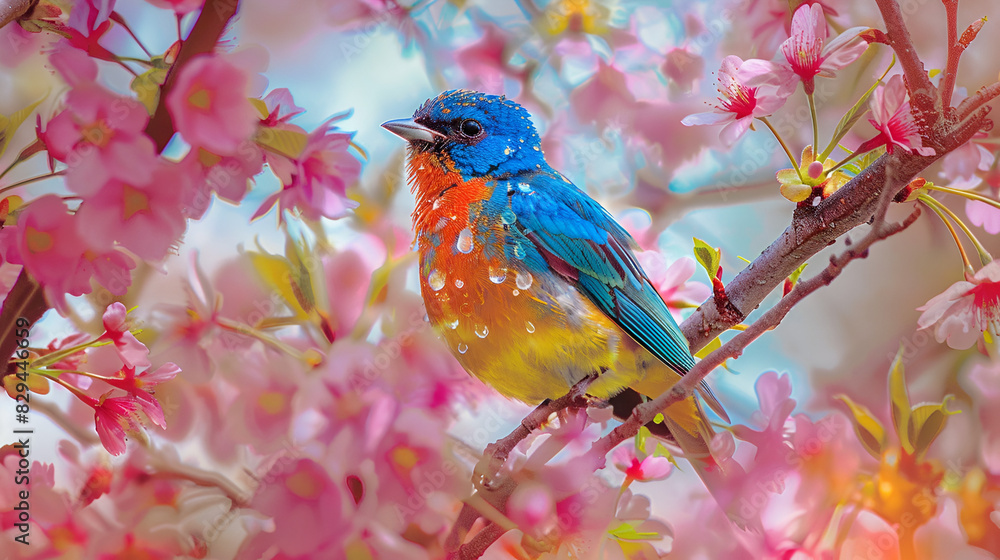 Cherry blossom serenity Colorful birds perched on a cherry tree ,generative ai