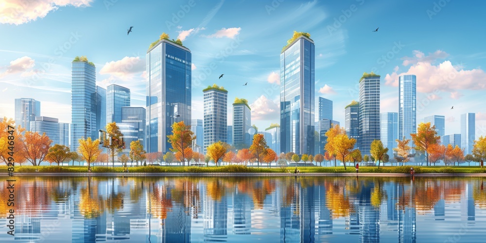 Fototapeta premium Energy efficient office building: High-rise office building with green roofs and vertical gardens, facade with solar panels, large windows with energy efficient glazing