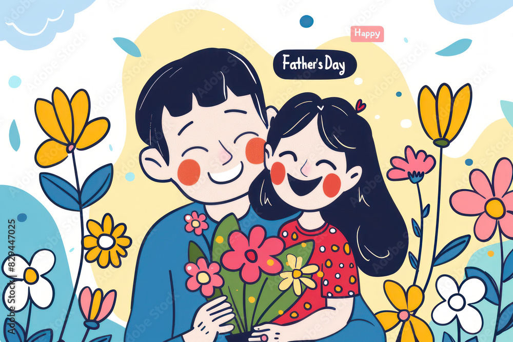 Illustration of a happy father and daughter celebrating flat design background. Illustration of a happy father and daughter celebrating flat design background.