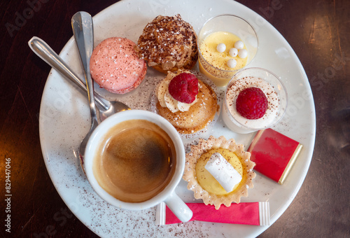Photography Gourmand coffee in a Parisian cafe served with traditional French sweets