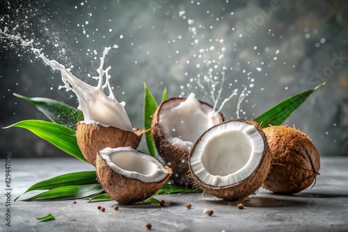 Splashes of coconut milk and palm leaves. Coconuts with a milky splash on a gray background. A banner for sweets, spa cosmetics or creams for body and face care.