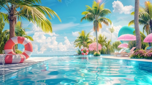 From a horizontal perspective, the tranquil surface of The swimming pool, accompanied by palm trees, swim rings, and beach chairs, harmonizes with the sky and clouds, presenting a leisurely summer sce photo