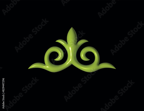 Y2K Shape of isolated realistic 3D Kazakh national ornament elements. Inflated 3D element with the plasticine effect. Vector green neon shape