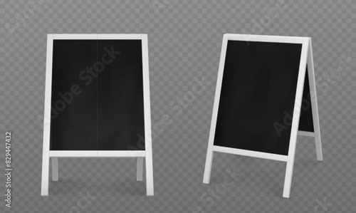 3d advertising sandwich board. Sign frame stand mockup. Easel billboard for street menu on sidewalk bear cafe. Outside restaurant black ad banner or promo realistic blank mock up side and front.