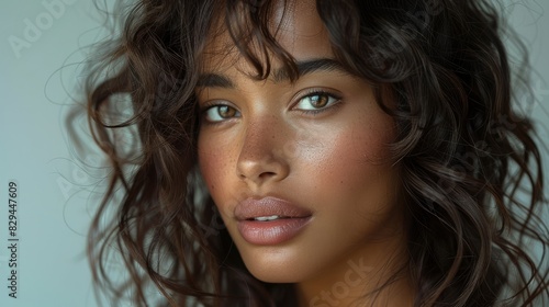 woman with long angular hair blowing out the curls, in the style of rich textures created with Generative AI technology