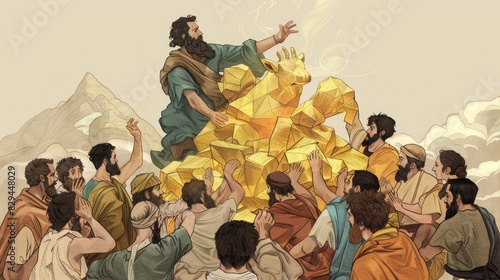 Biblical Illustration: The Golden Calf, Israelites Worshipping, Moses Descending in Anger, Beige Background, Copyspace photo