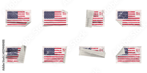 Set of Vintage Post stamp folded United State of America flag with old paper texture