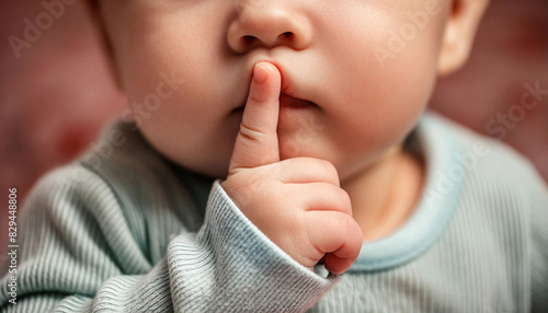 Close-up of a baby making a 'shh' gesture with a finger on its lips, innocence, quiet, parenting.