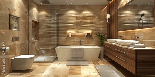 Stylish Bathroom with Modern Fixtures and Wood Texture