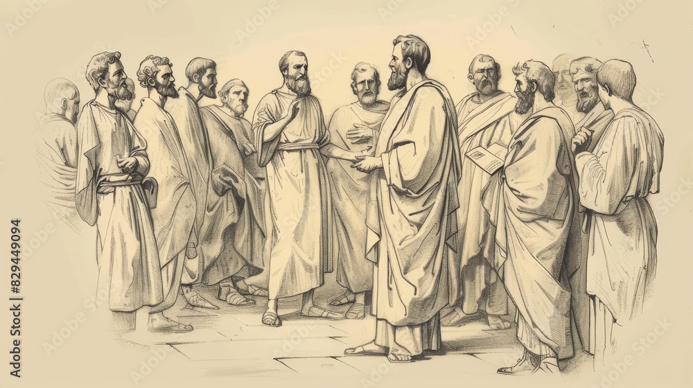 Fototapeta premium Biblical Illustration: Paul Preaches in Athens, Areopagus Sermon, Philosophers Listening, Beige Background, Copyspace