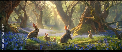 A sun-dappled forest glade carpeted with a vibrant tapestry of bluebells and forget-me-nots, where a family of rabbits frolics among the ancient trees, heralding the arrival of Spring. photo