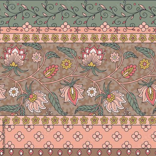 Floral seamless border pattern with indian trailing flowers motifs. Persian earthy boho chic repeat background. Tribal neutral textile print.