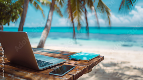 laptop on a wooden table on tropical beach - travel work concept