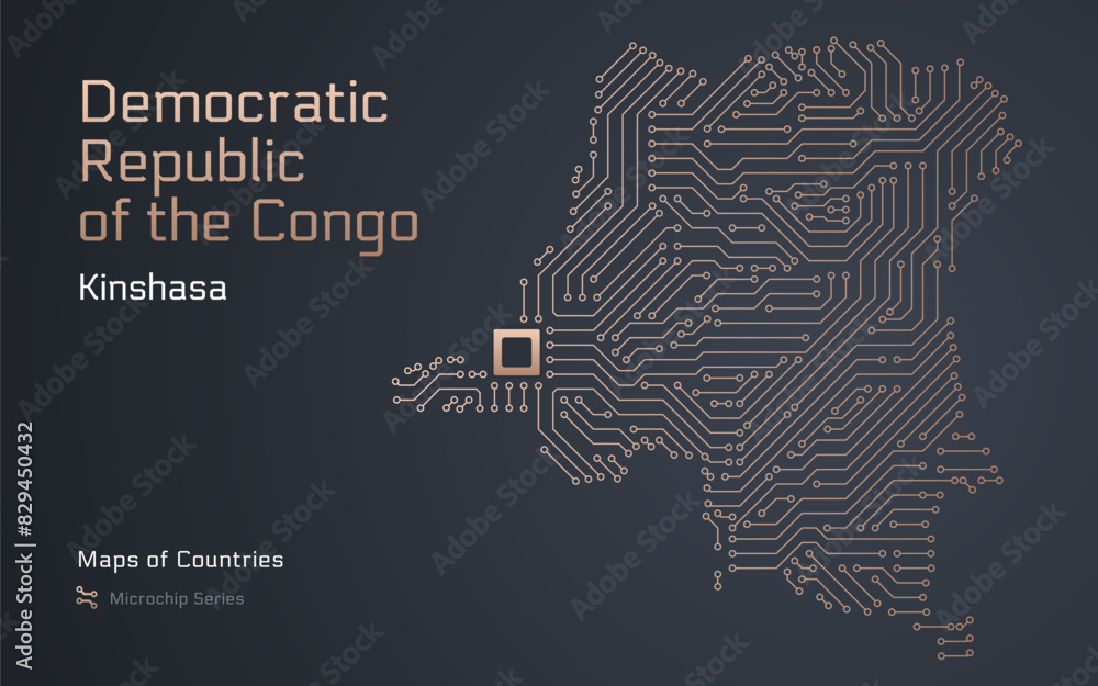 Democratic Republic of the Congo Map with a capital of Kinshasa Shown in a Microchip Pattern with processor. E-government. World Countries vector maps. Microchip Series Democratic Republic of the Congo Map with a capital of Kinshasa Shown in a Microchip Pattern with processor. E-government. World Countries vector maps. Microchip Series