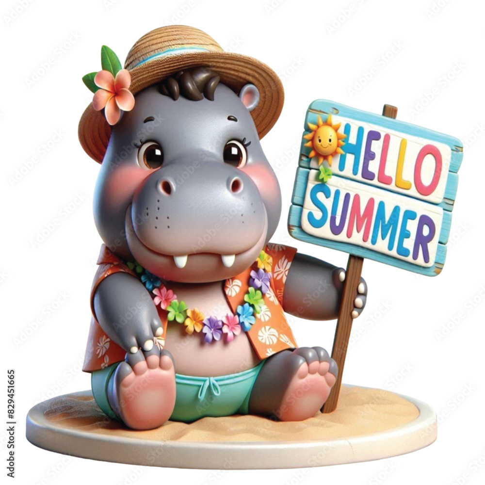 Naklejka premium Hippo holding a hello summer sign