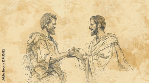 Biblical Illustration: David and Jonathan, Close Friendship, Covenant Making, Beige Background, Copyspace