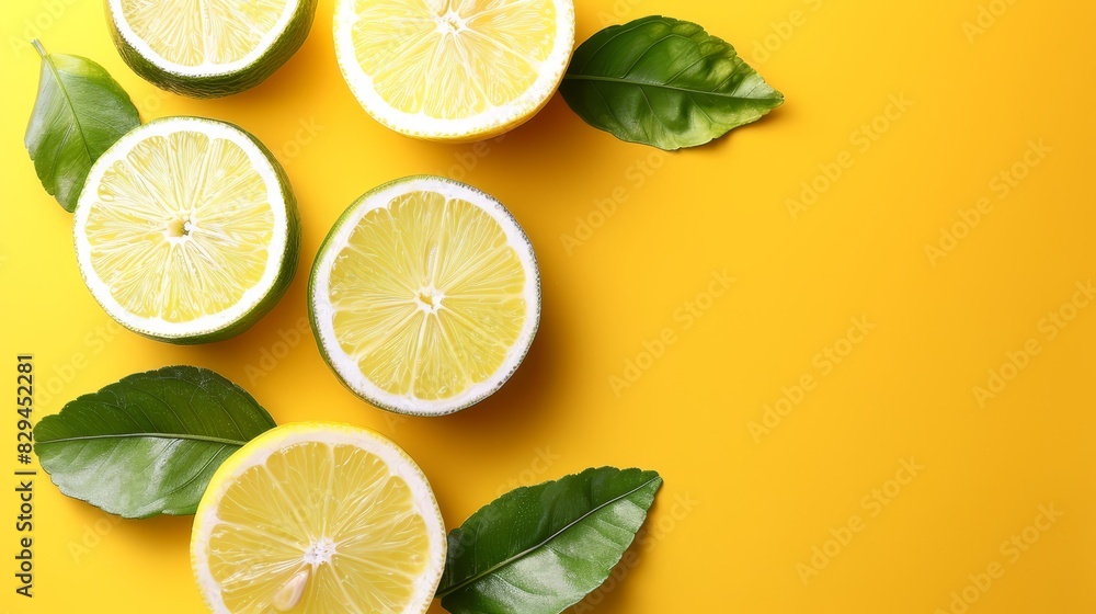 A yellow background holds a cluster of halved lemons, garnished with surrounding greens - leaves attached A solitary green leaf graces the edge of a single lemon half A yellow background holds a cluster of halved lemons, garnished with surrounding greens - leaves attached A solitary green leaf graces the edge of a single lemon half